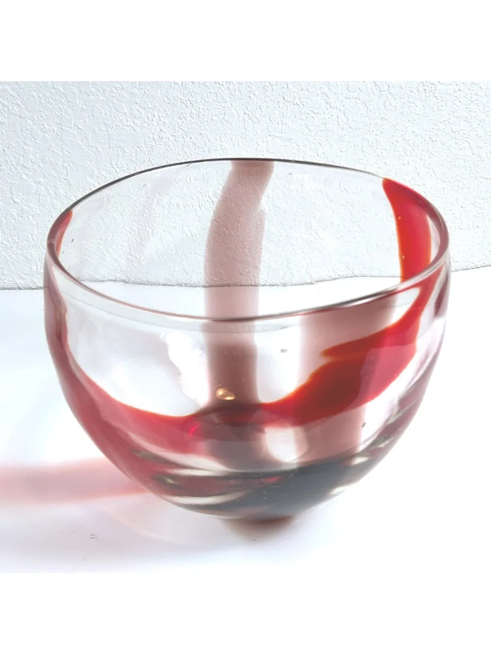 Hand-Blown Glass Bowl with Red Swirl Design